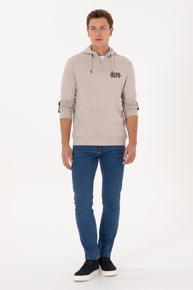 Erkek Regular Fit Yarım Fermuarlı Kapüşonlu Taş Sweatshirt - 50315525037