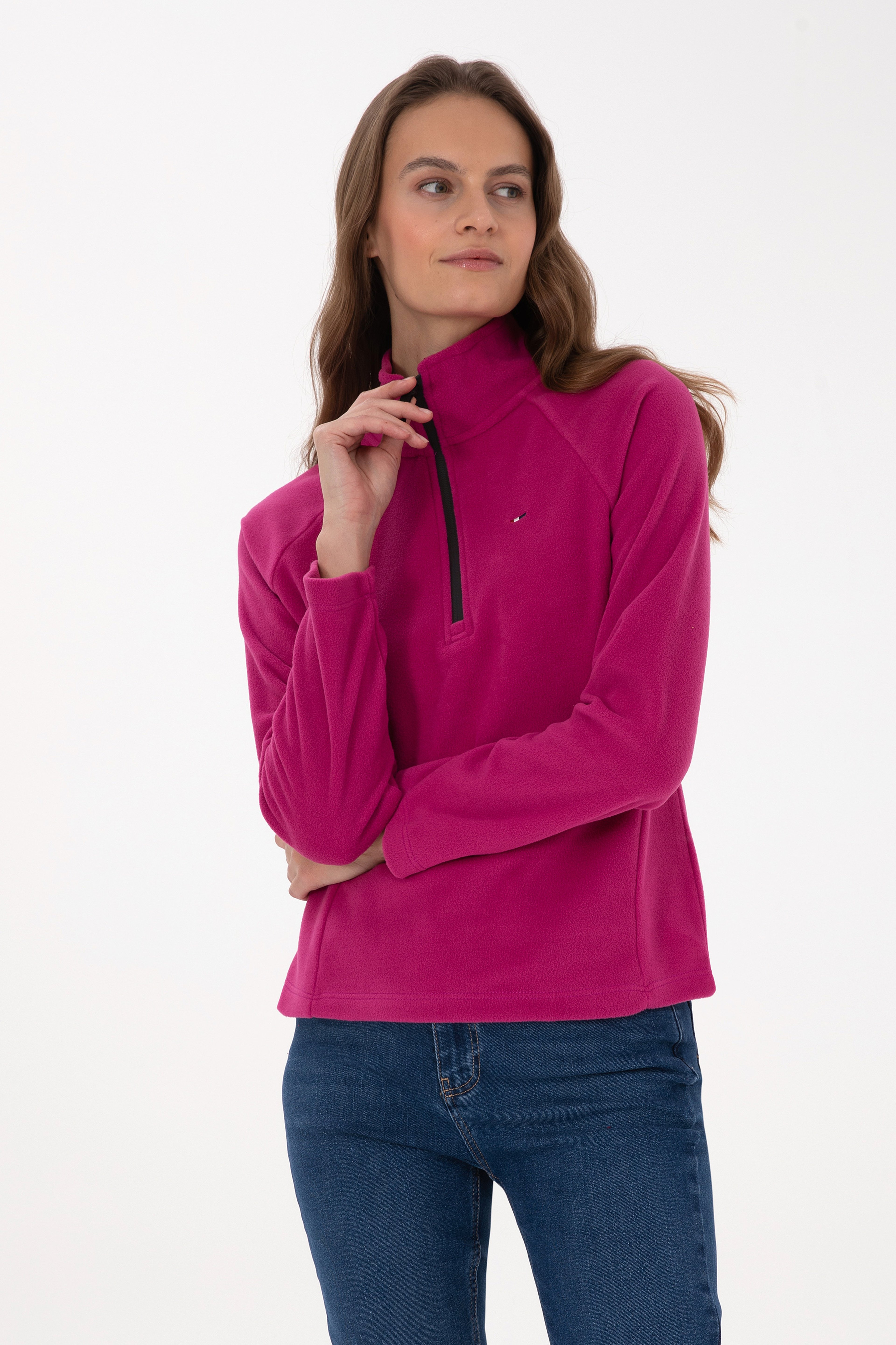 Kadın Fuşya Fermuarlı Dik Yaka Polar Sweatshirt - Image 1