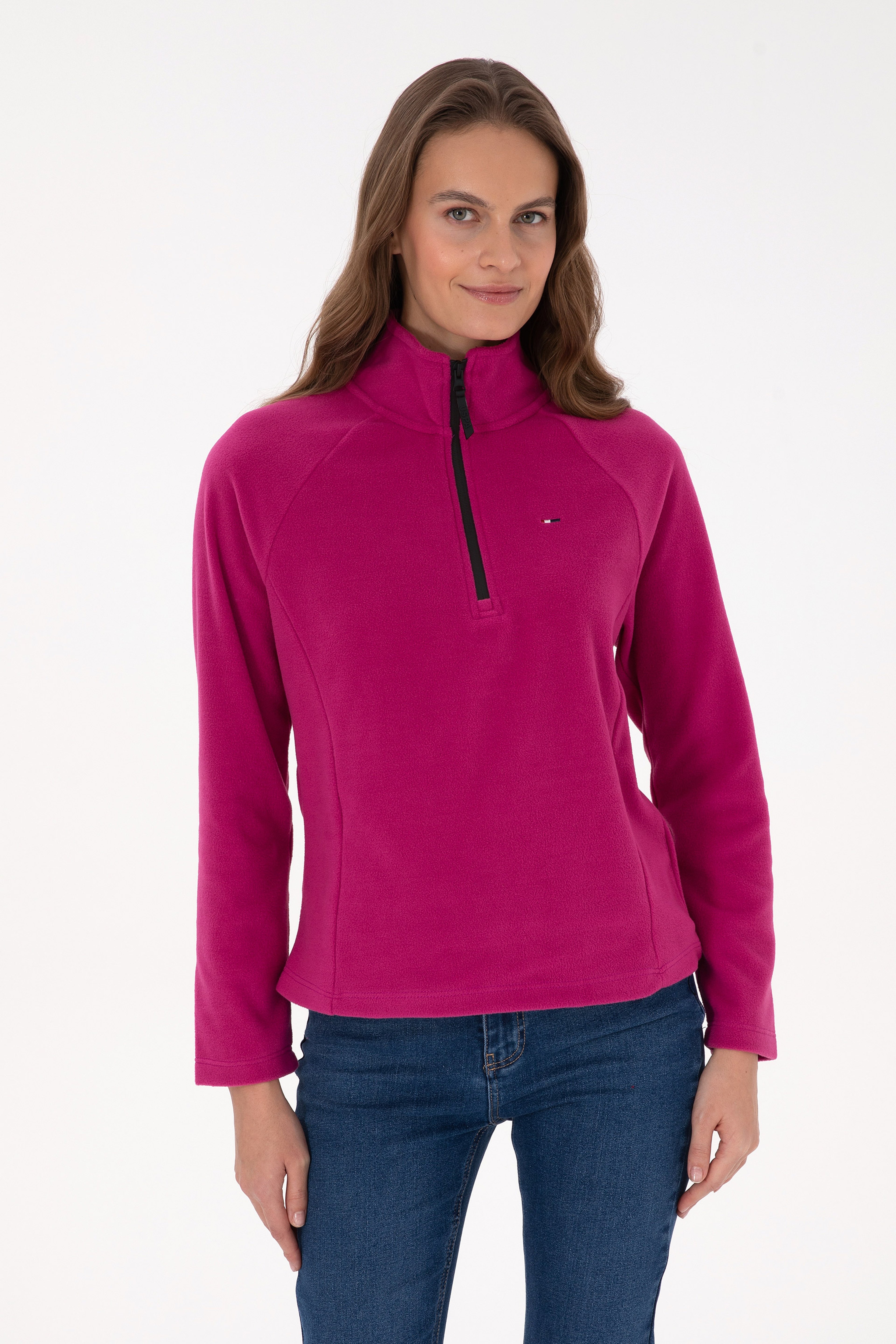 Kadın Fuşya Fermuarlı Dik Yaka Polar Sweatshirt - Image 3