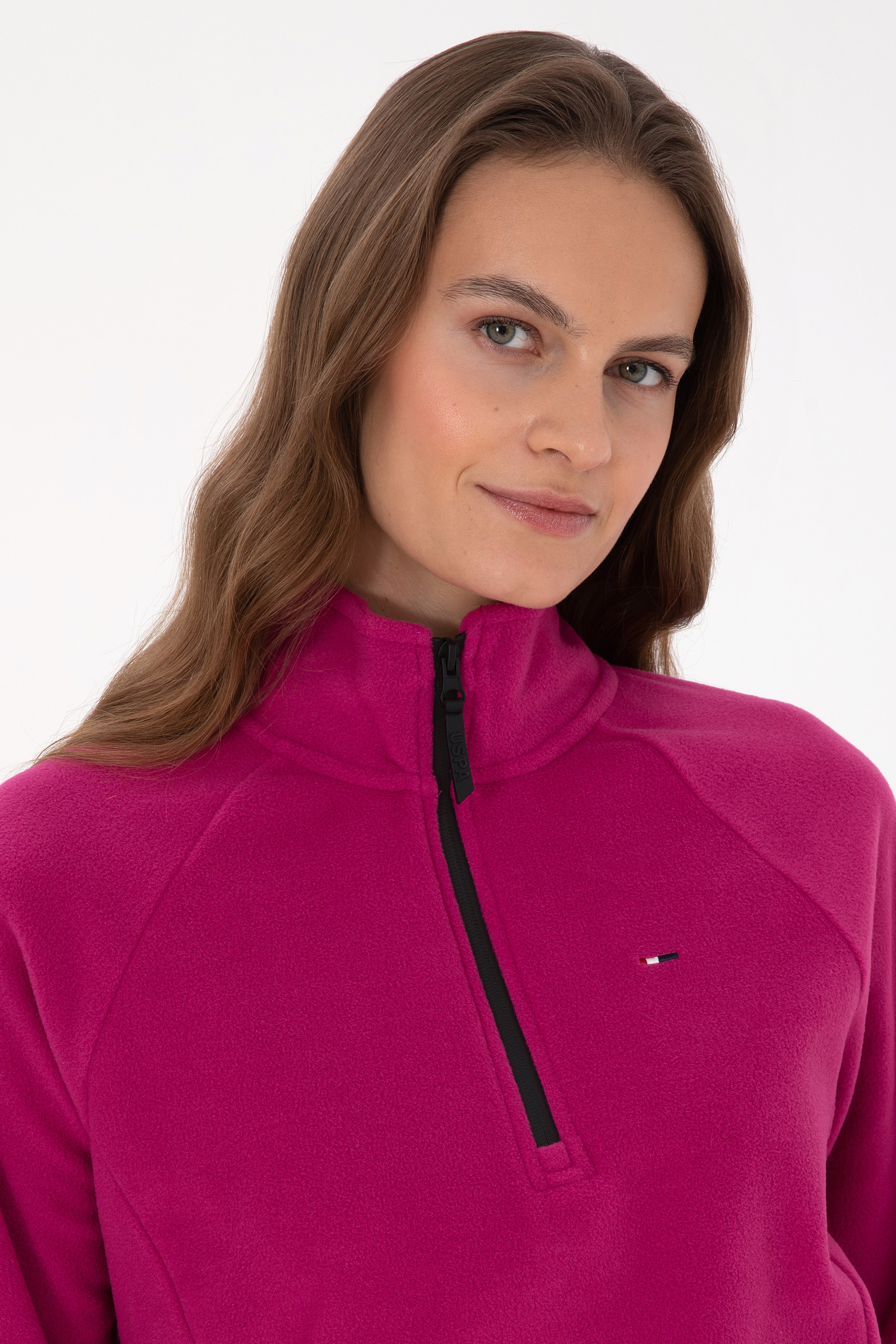 Kadın Fuşya Fermuarlı Dik Yaka Polar Sweatshirt - Image 2