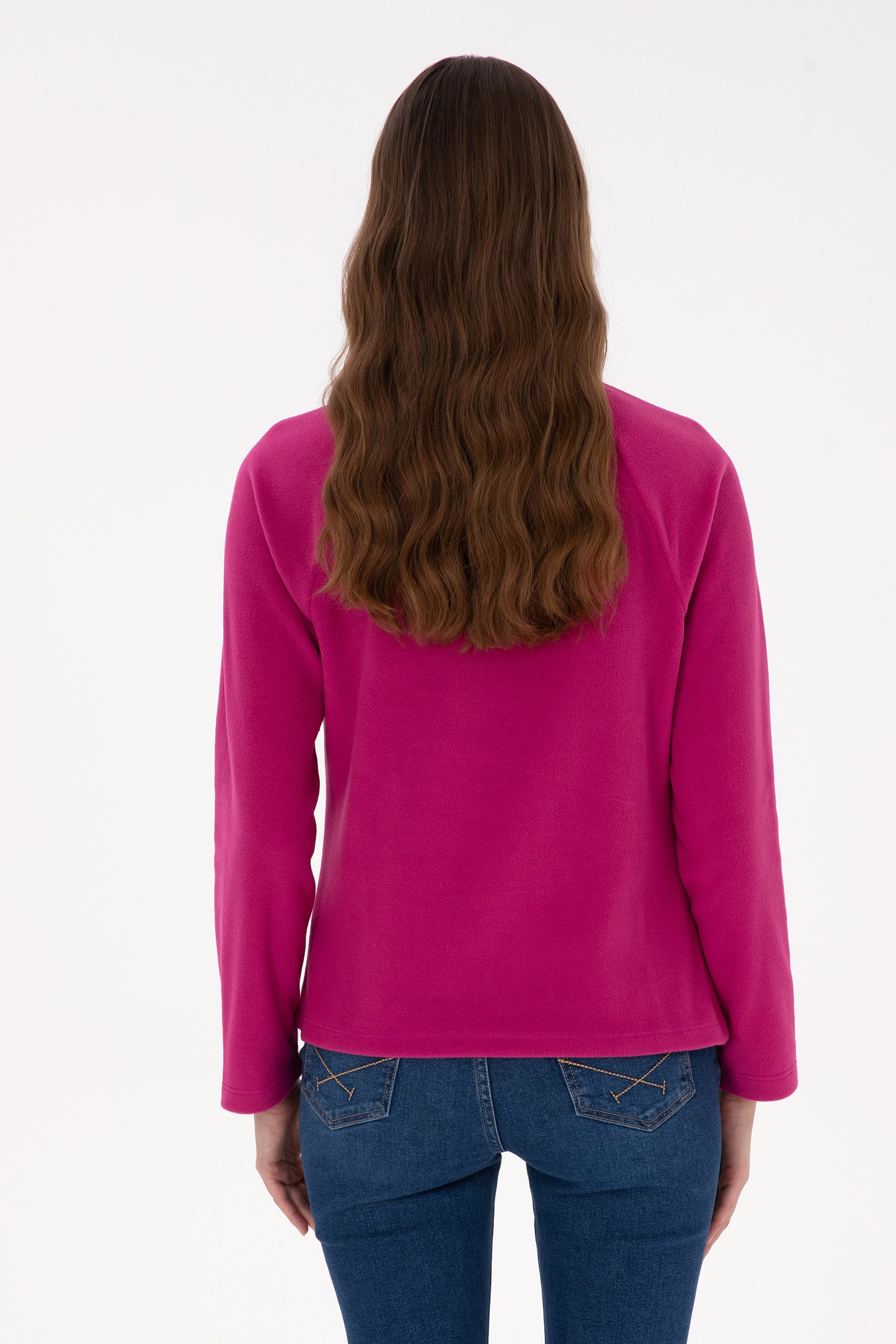 Kadın Fuşya Fermuarlı Dik Yaka Polar Sweatshirt - Image 5