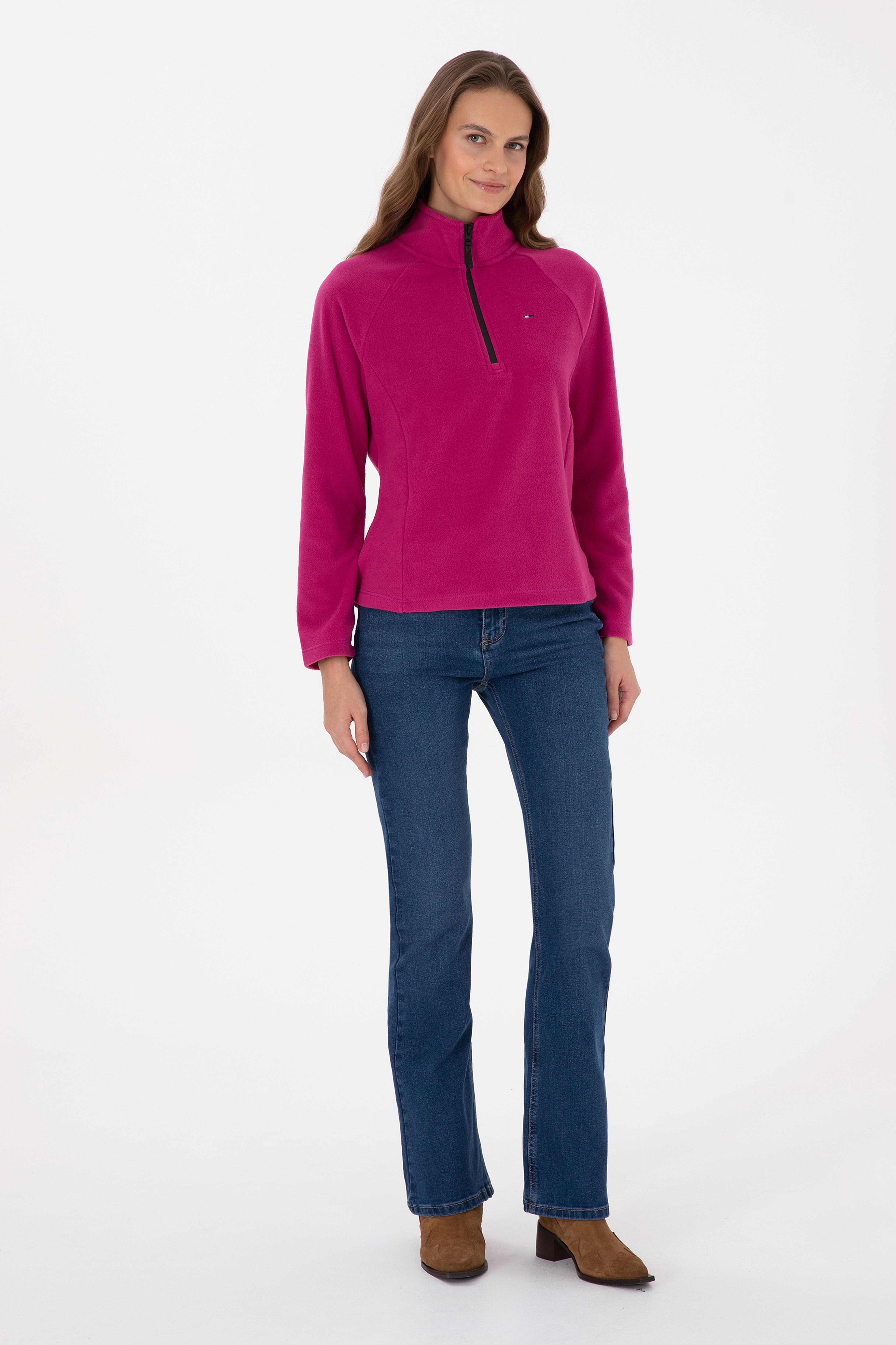 Kadın Fuşya Fermuarlı Dik Yaka Polar Sweatshirt - Image 4