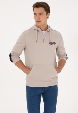 Erkek Regular Fit Yarım Fermuarlı Kapüşonlu Taş Sweatshirt - 50315525037