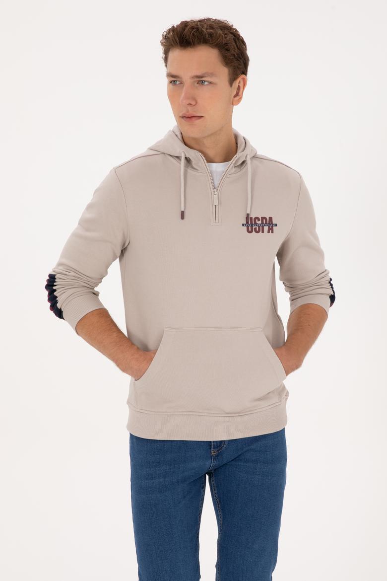 Erkek Regular Fit Yarım Fermuarlı Kapüşonlu Taş Sweatshirt
