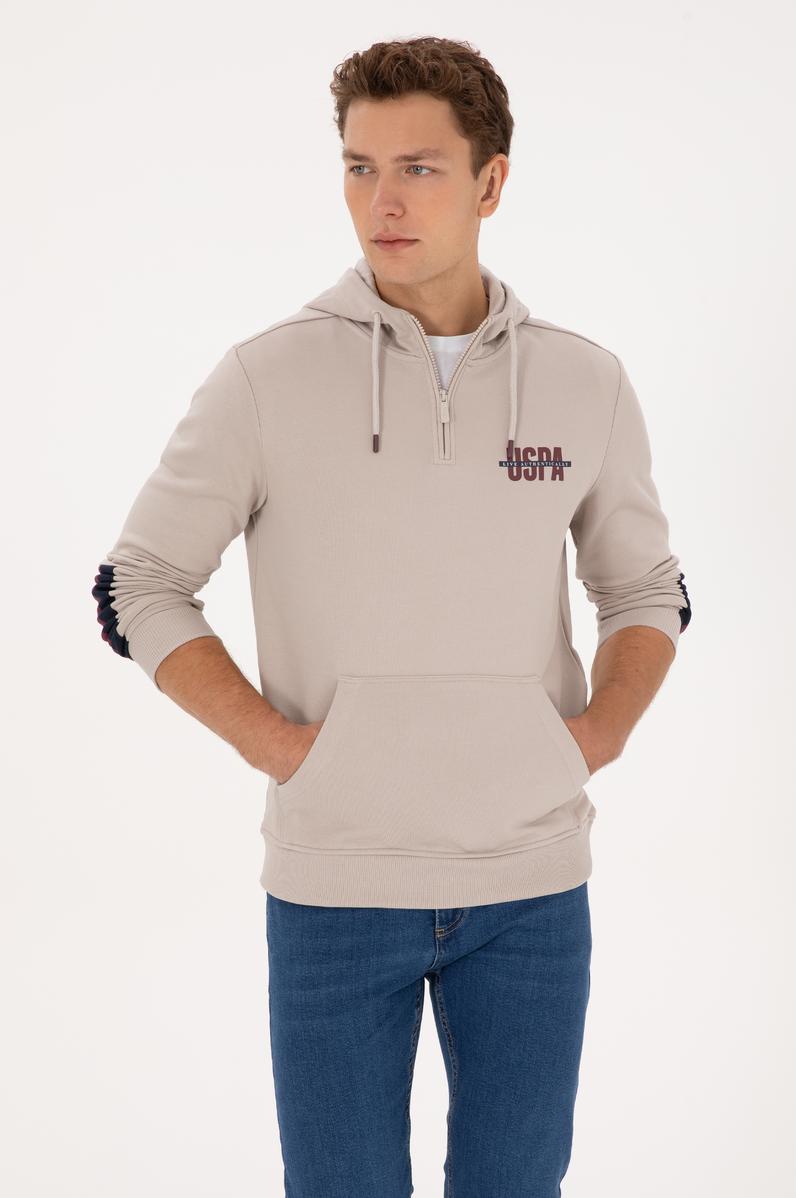 Erkek Regular Fit Yarım Fermuarlı Kapüşonlu Taş Sweatshirt