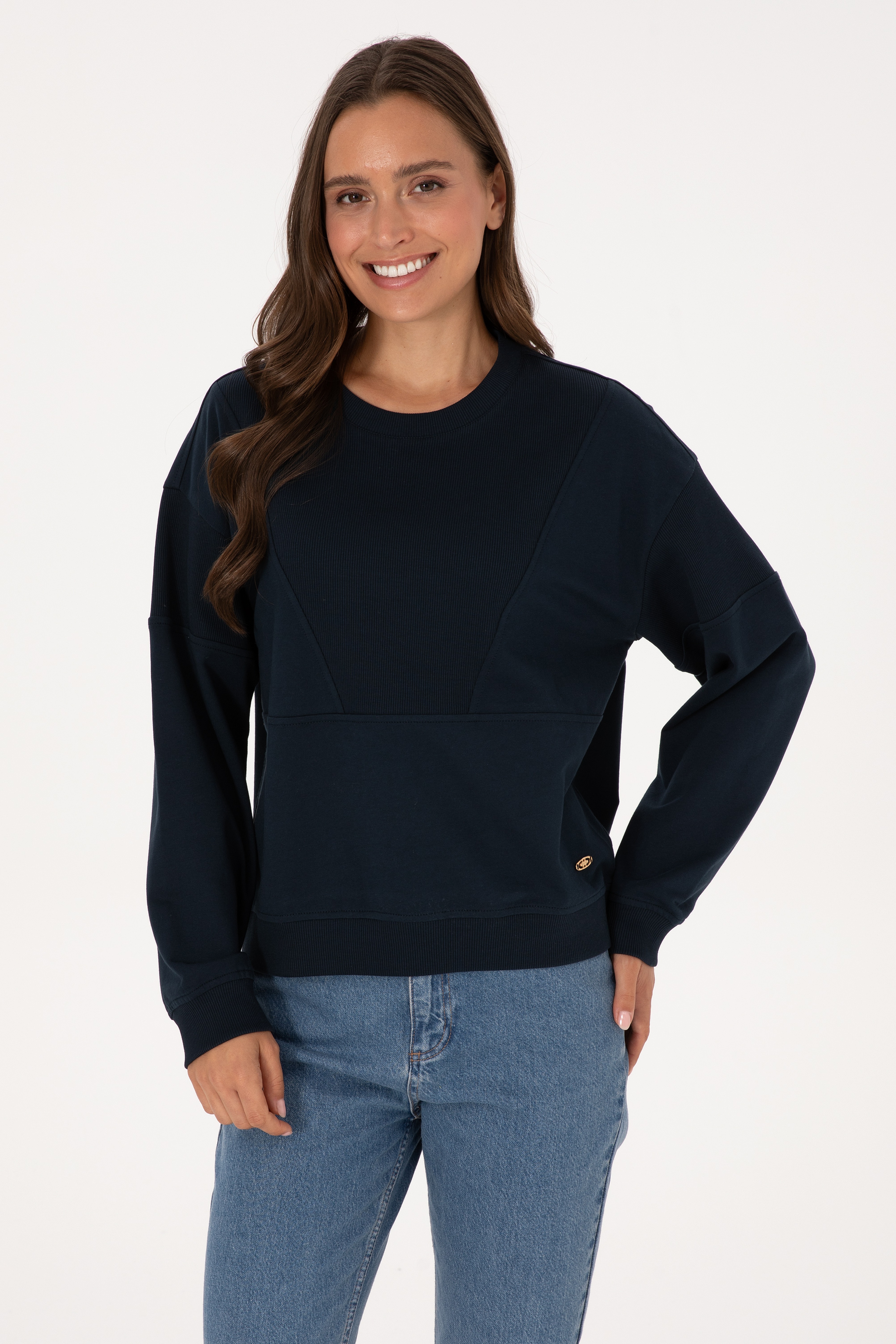 Kadın Lacivert Pamuklu Bisiklet Yaka Sweatshirt