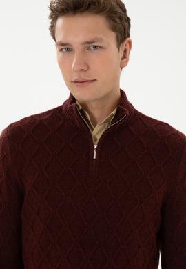 Erkek Regular Fit Yarım Fermuarlı Desenli Bordo Kazak - 50315035007