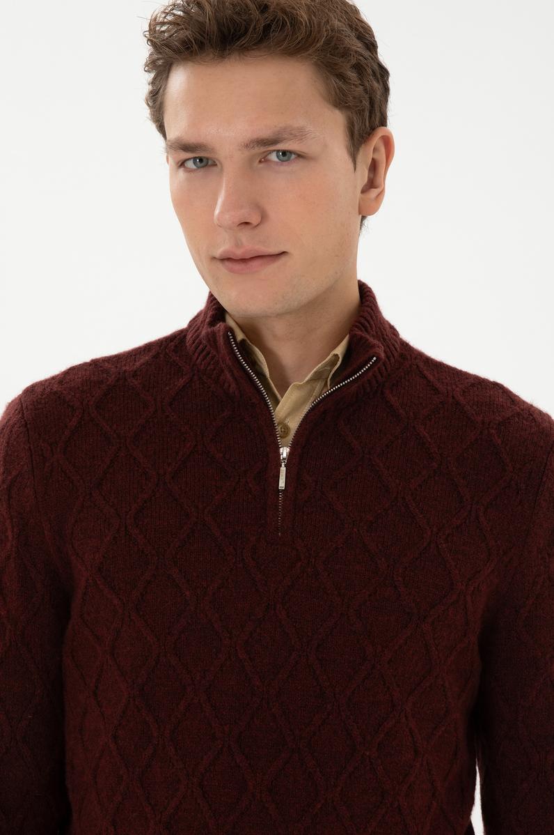 Erkek Regular Fit Yarım Fermuarlı Desenli Bordo Kazak