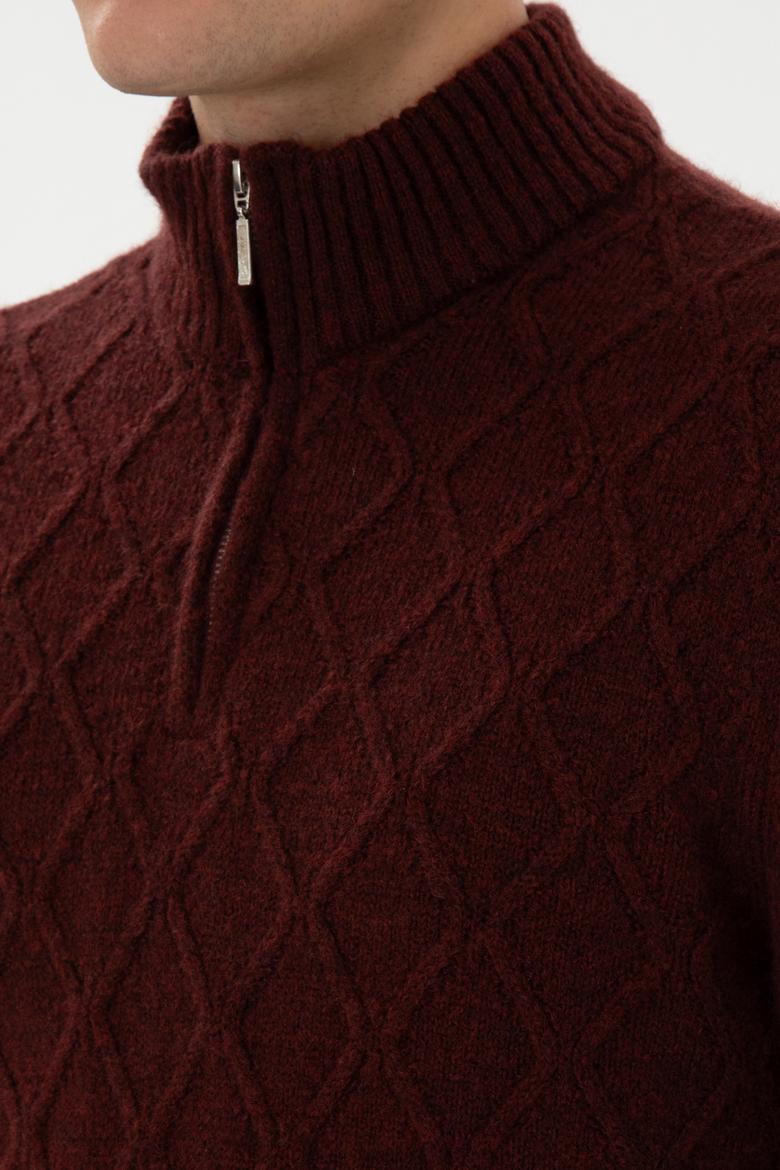 Erkek Regular Fit Yarım Fermuarlı Desenli Bordo Kazak - 50315035007