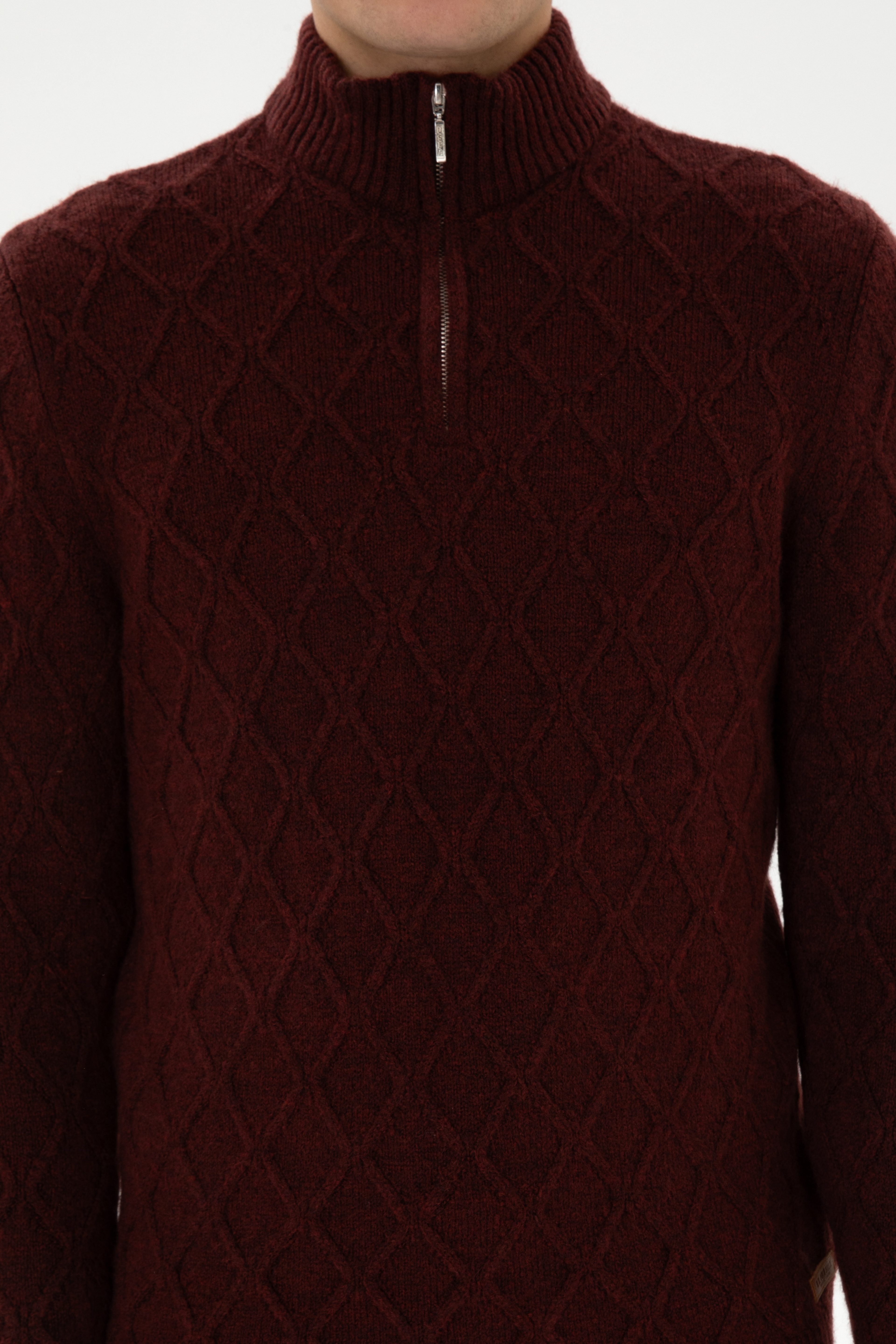 Erkek Regular Fit Yarım Fermuarlı Desenli Bordo Kazak - Image 6