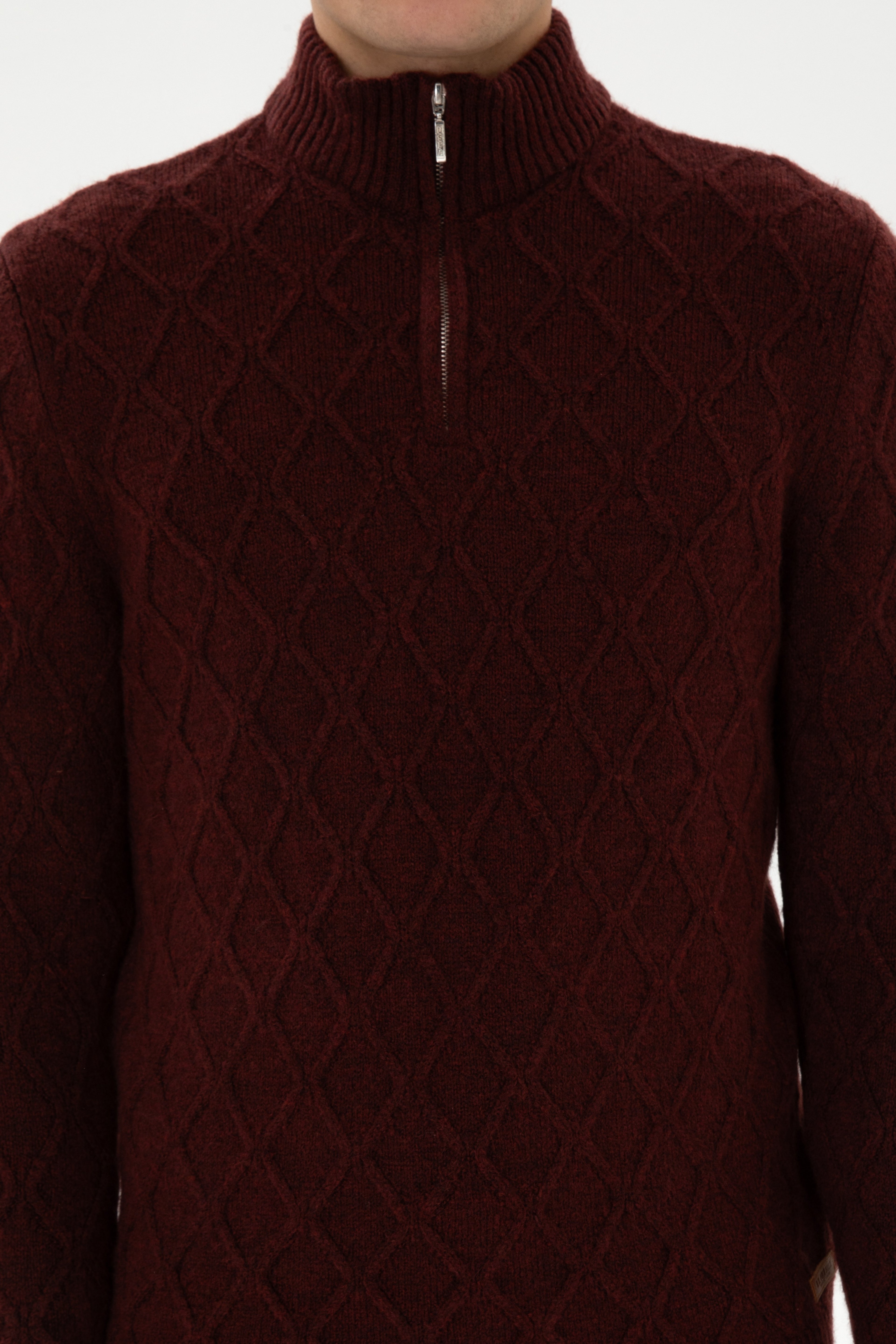Erkek Regular Fit Yarım Fermuarlı Desenli Bordo Kazak