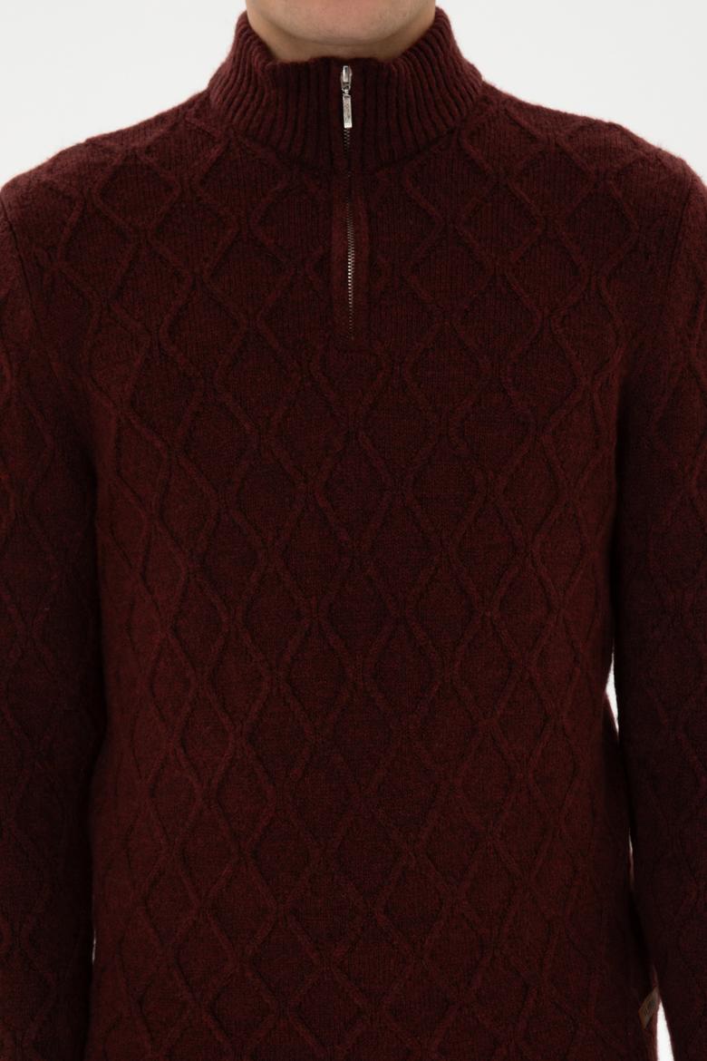 Erkek Regular Fit Yarım Fermuarlı Desenli Bordo Kazak - 50315035007