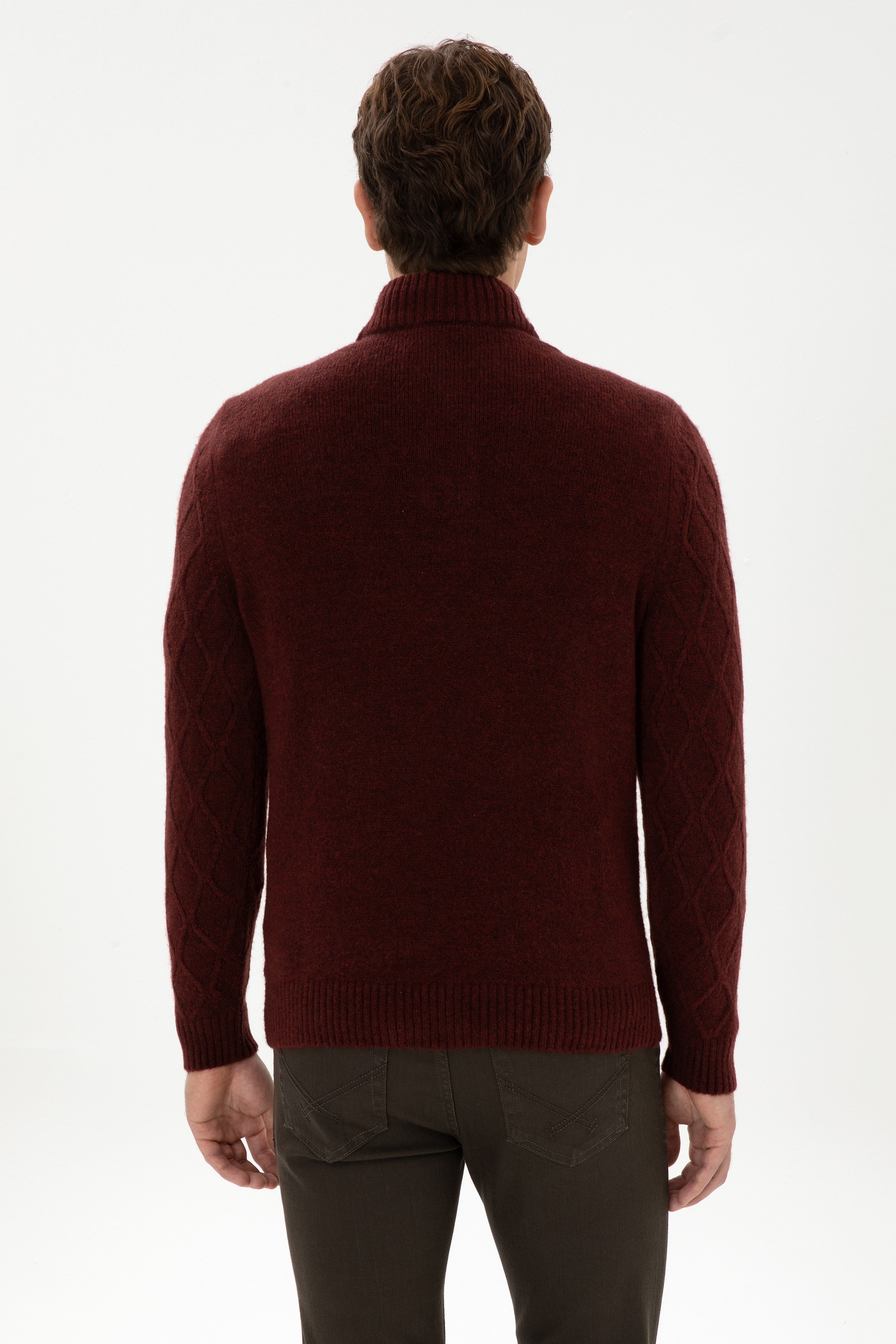 Erkek Regular Fit Yarım Fermuarlı Desenli Bordo Kazak