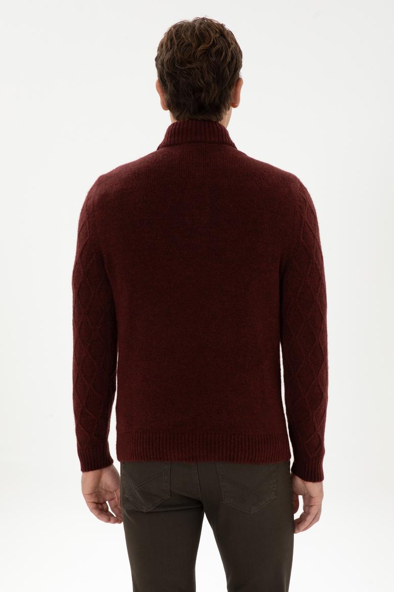 Erkek Regular Fit Yarım Fermuarlı Desenli Bordo Kazak - 50315035007