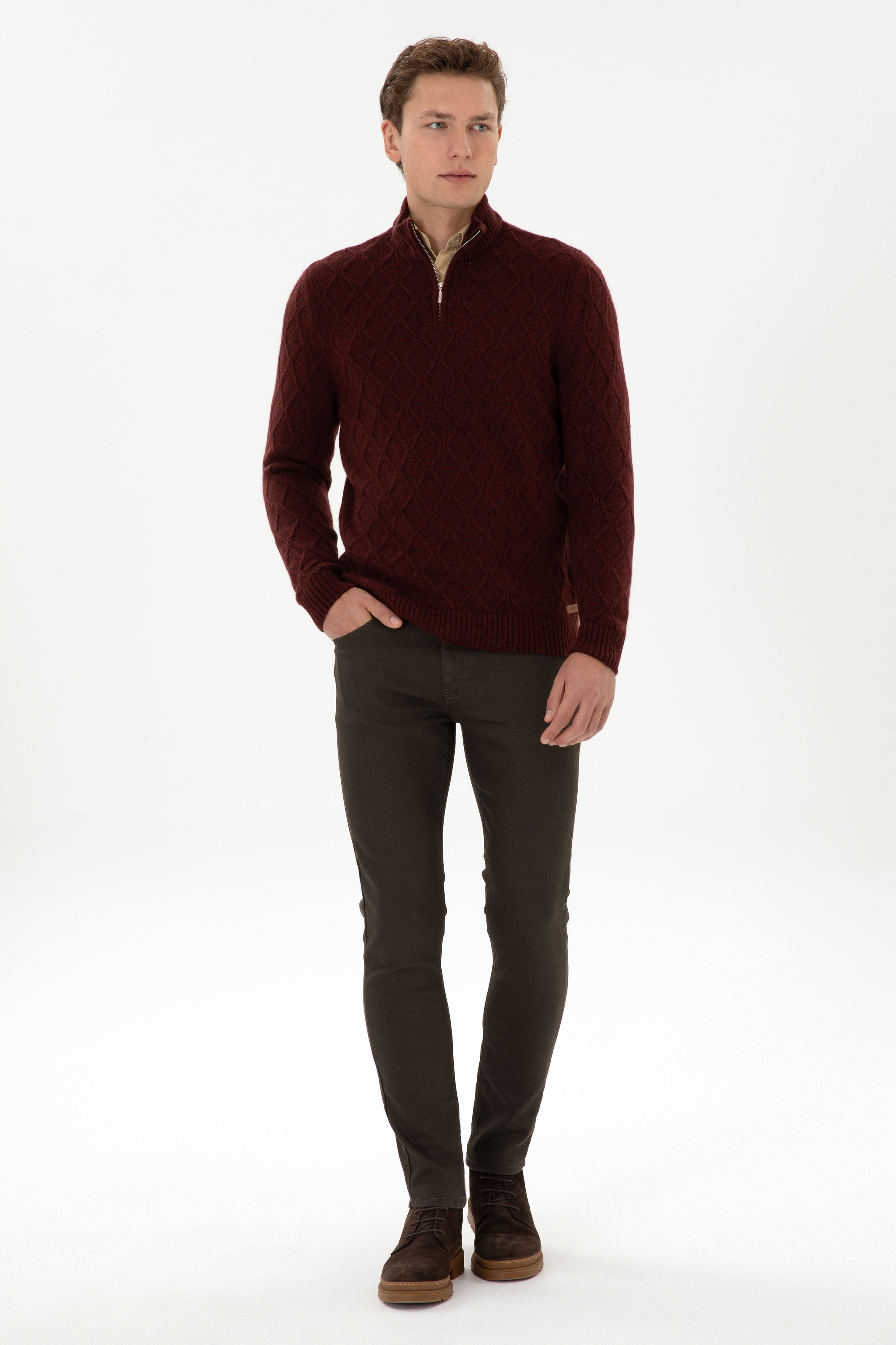 Erkek Regular Fit Yarım Fermuarlı Desenli Bordo Kazak
