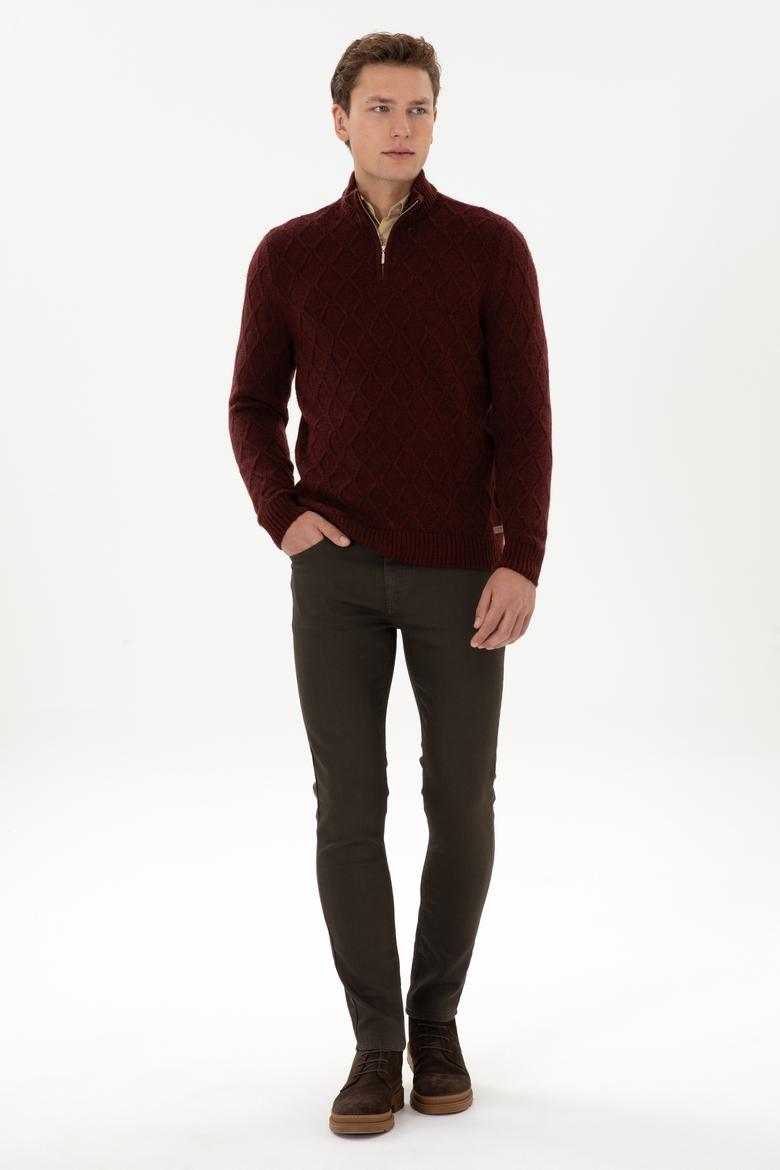 Erkek Regular Fit Yarım Fermuarlı Desenli Bordo Kazak - 50315035007