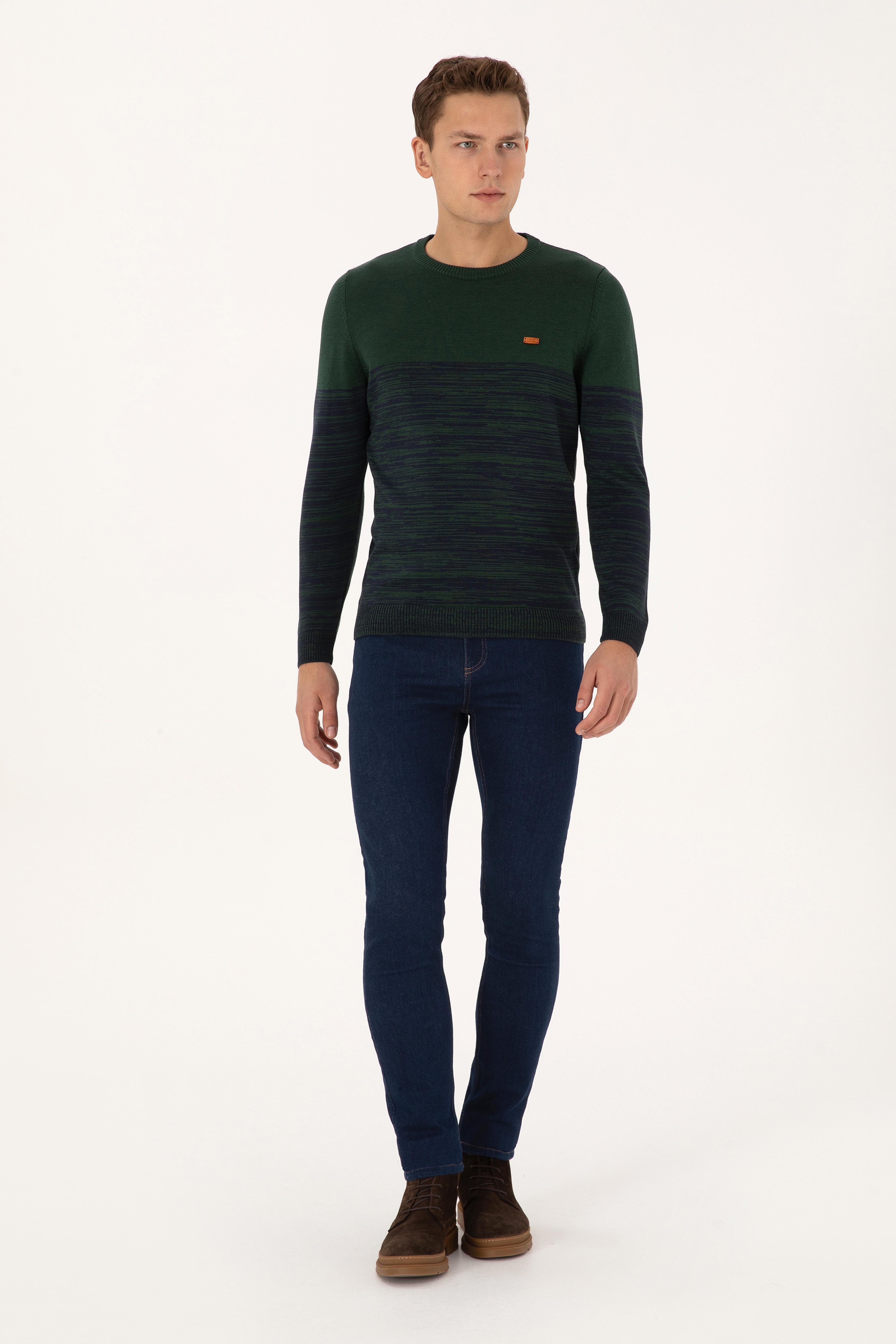 Erkek Slim Fit Bisiklet Yaka Koyu Yeşil Kazak - Image 4