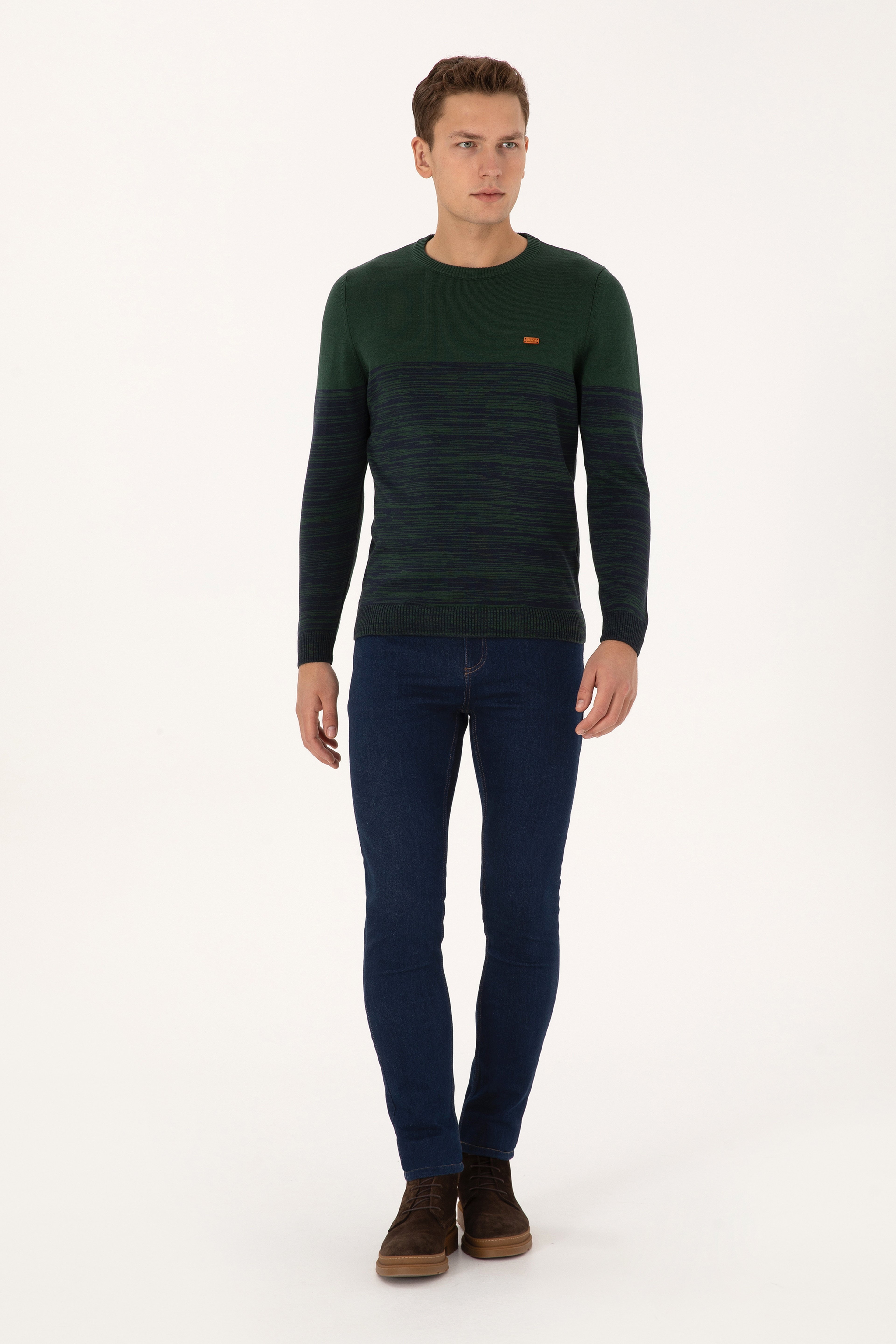 Erkek Slim Fit Bisiklet Yaka Koyu Yeşil Kazak