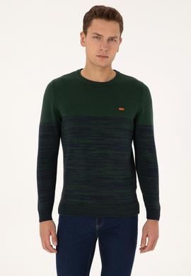 Erkek Slim Fit Bisiklet Yaka Koyu Yeşil Kazak - 50314970035