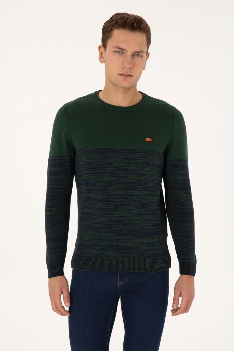 Erkek Slim Fit Bisiklet Yaka Koyu Yeşil Kazak