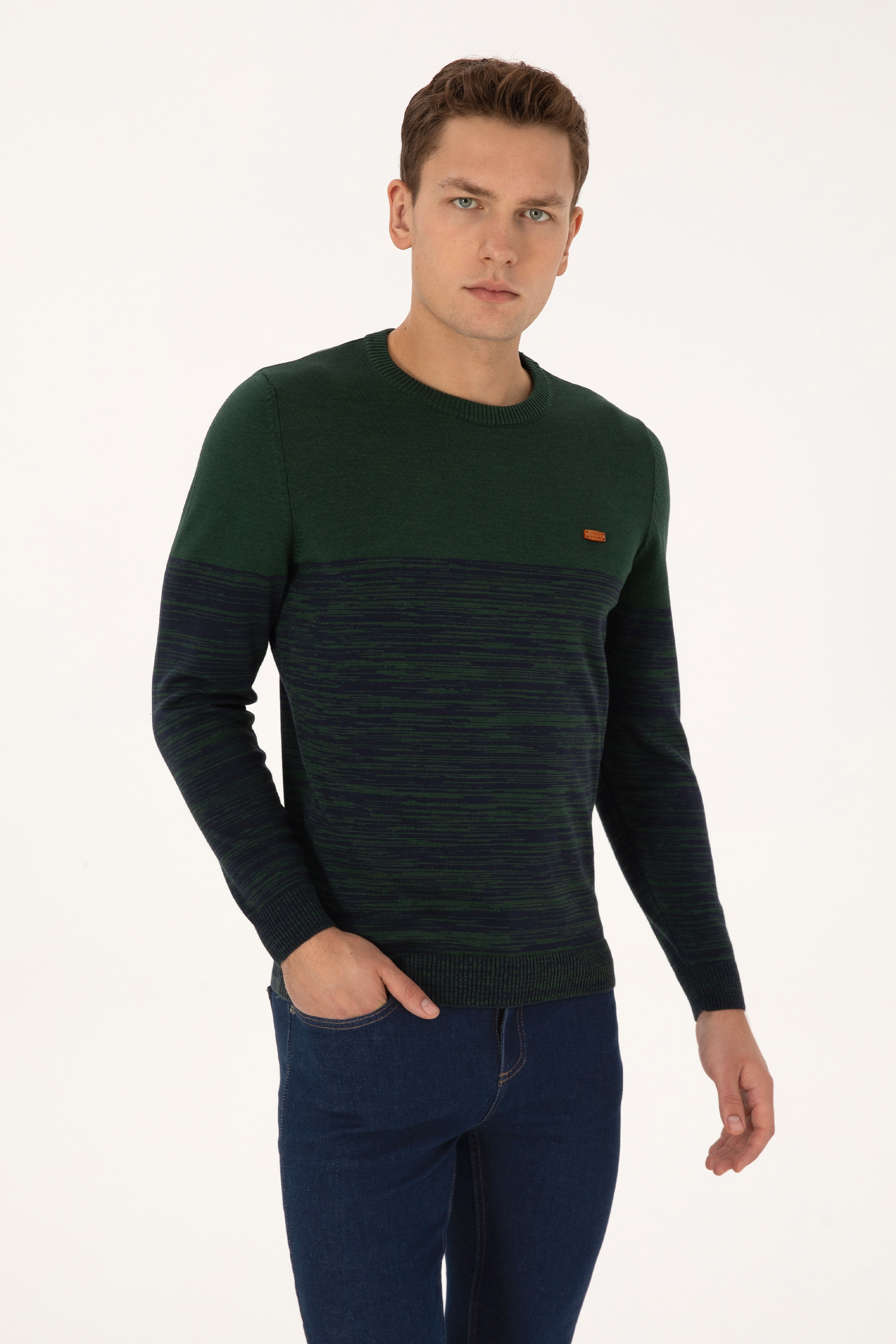 Erkek Slim Fit Bisiklet Yaka Koyu Yeşil Kazak