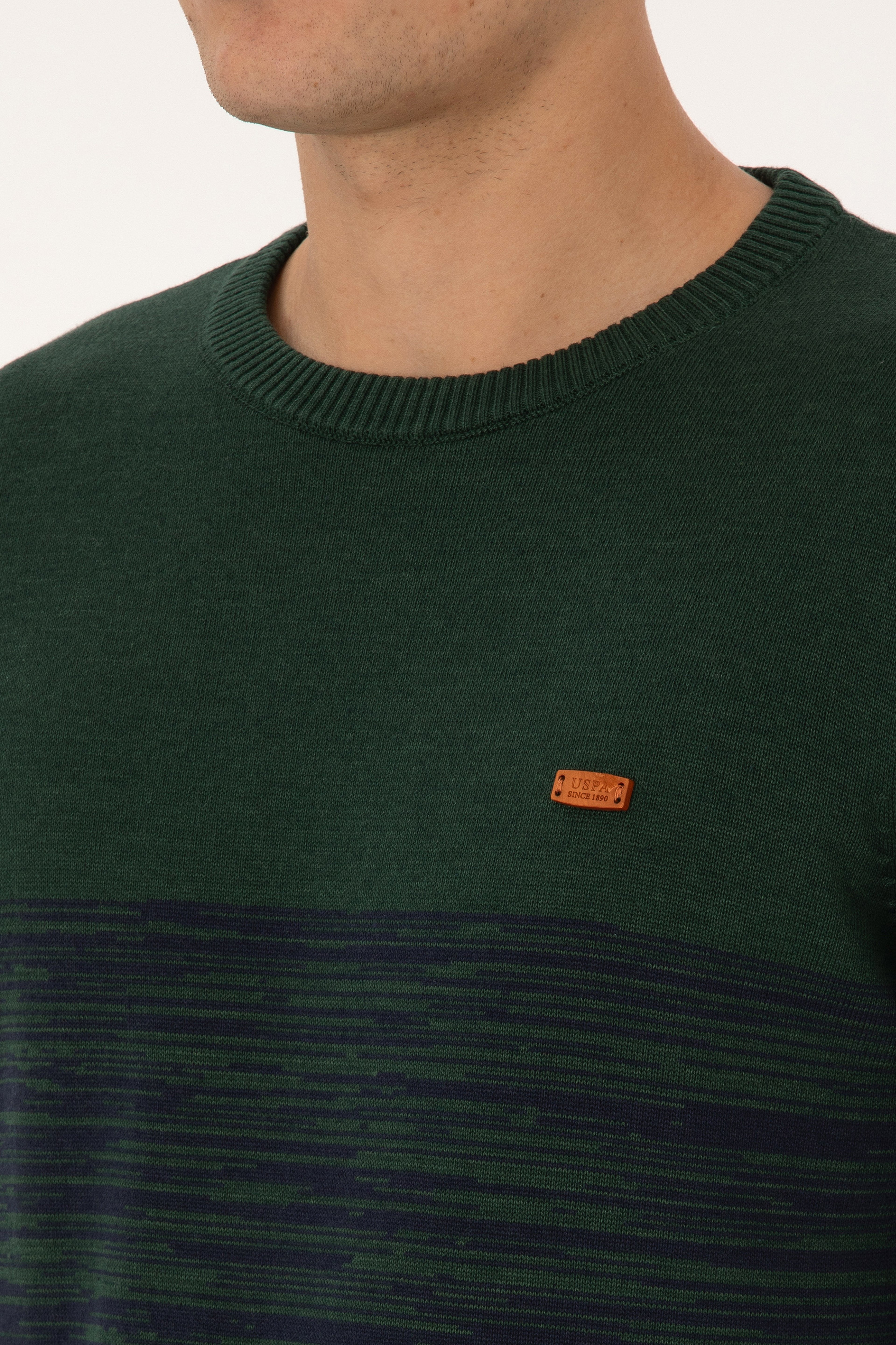 Erkek Slim Fit Bisiklet Yaka Koyu Yeşil Kazak - Image 7