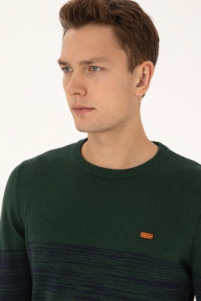 Erkek Slim Fit Bisiklet Yaka Koyu Yeşil Kazak