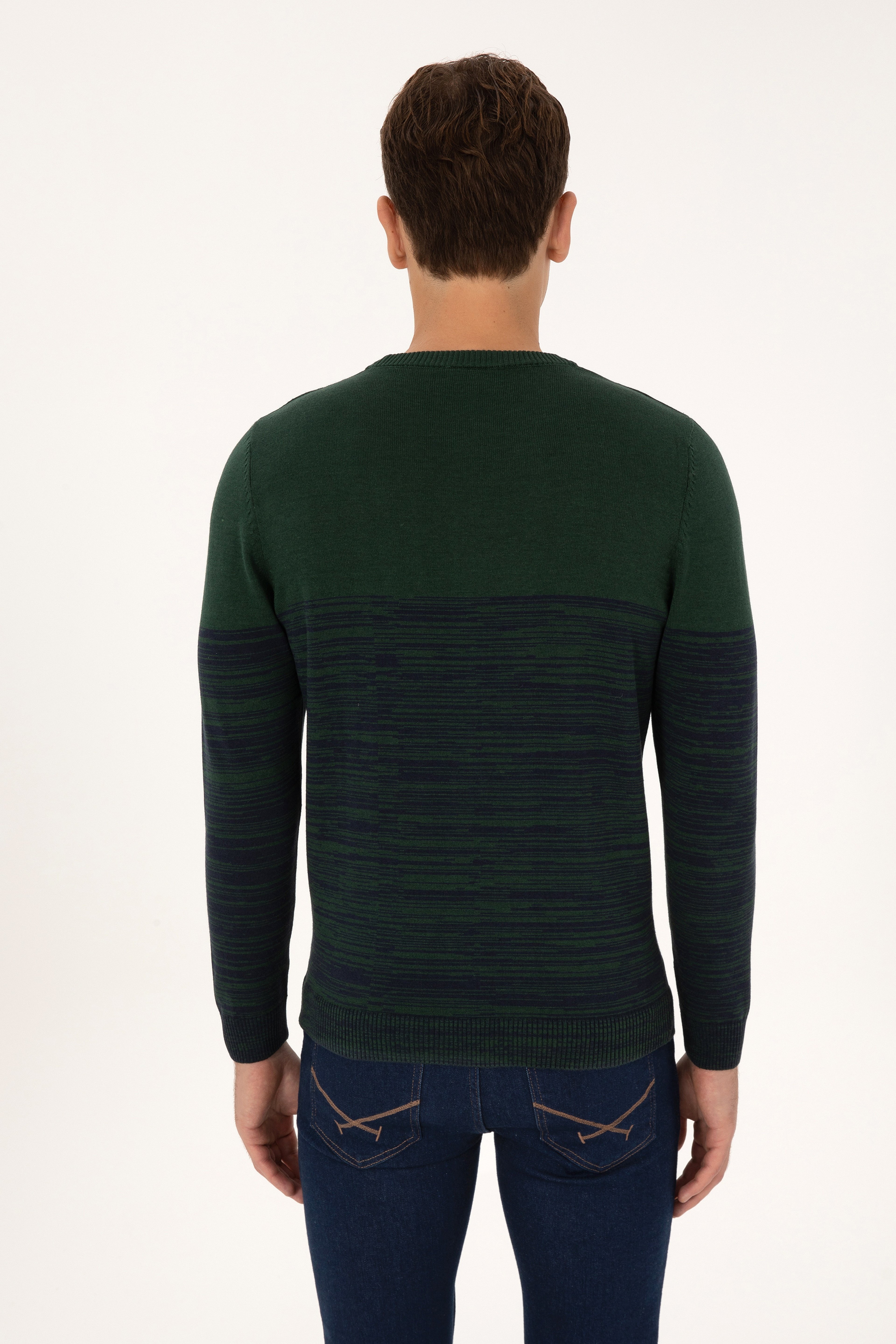 Erkek Slim Fit Bisiklet Yaka Koyu Yeşil Kazak - Image 5