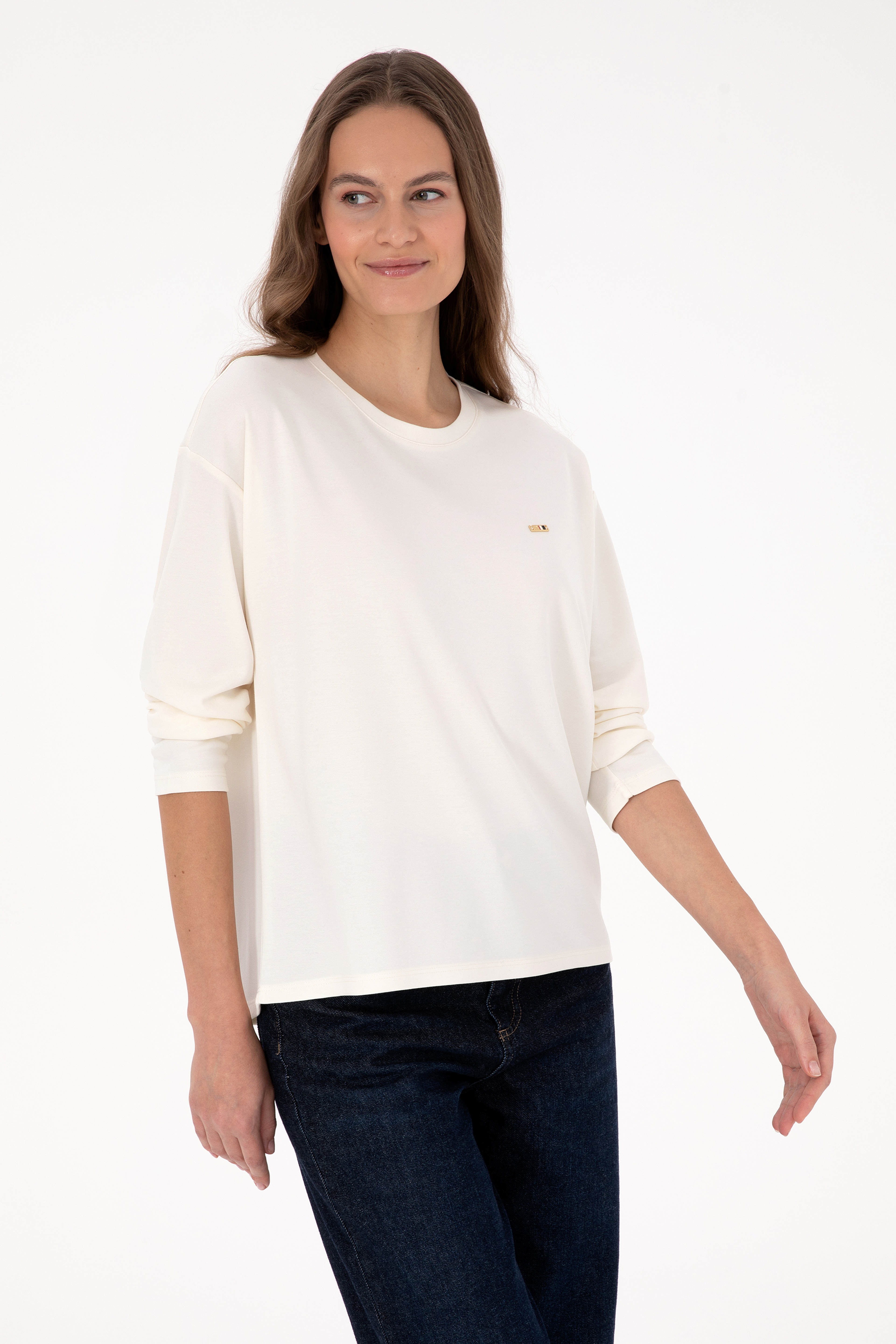 Kadın Krem Bisiklet Yaka Sweatshirt