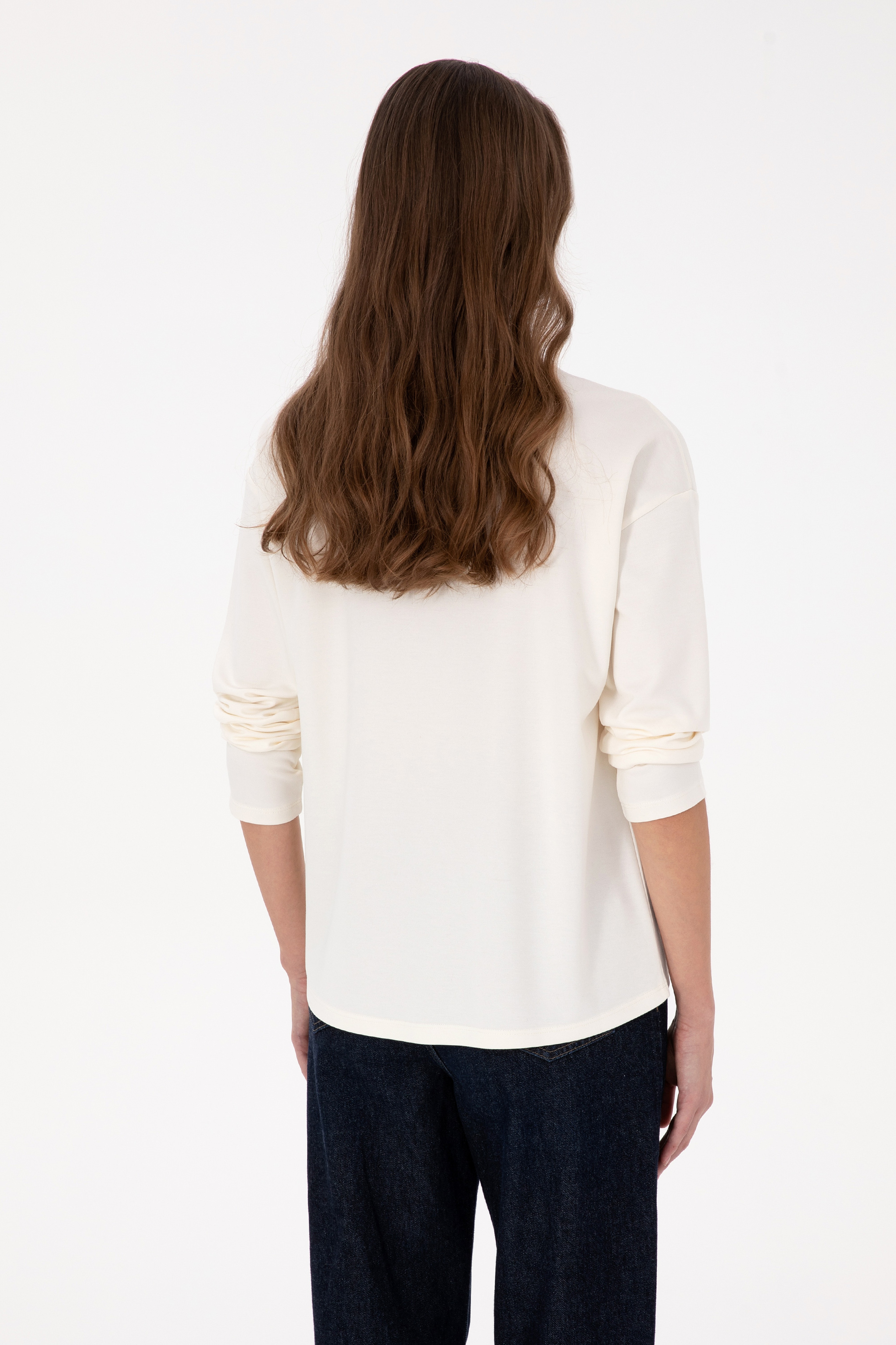 Kadın Krem Bisiklet Yaka Sweatshirt - Image 5
