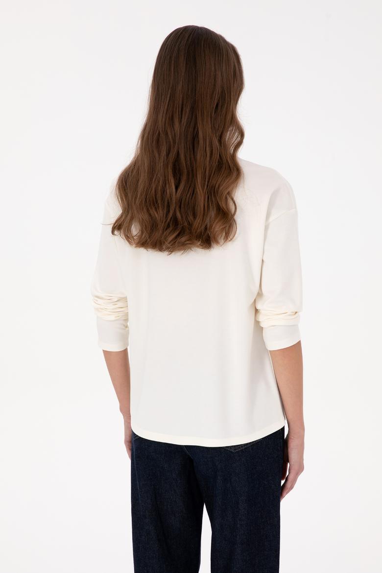 Kadın Krem Bisiklet Yaka Sweatshirt - 50318159006