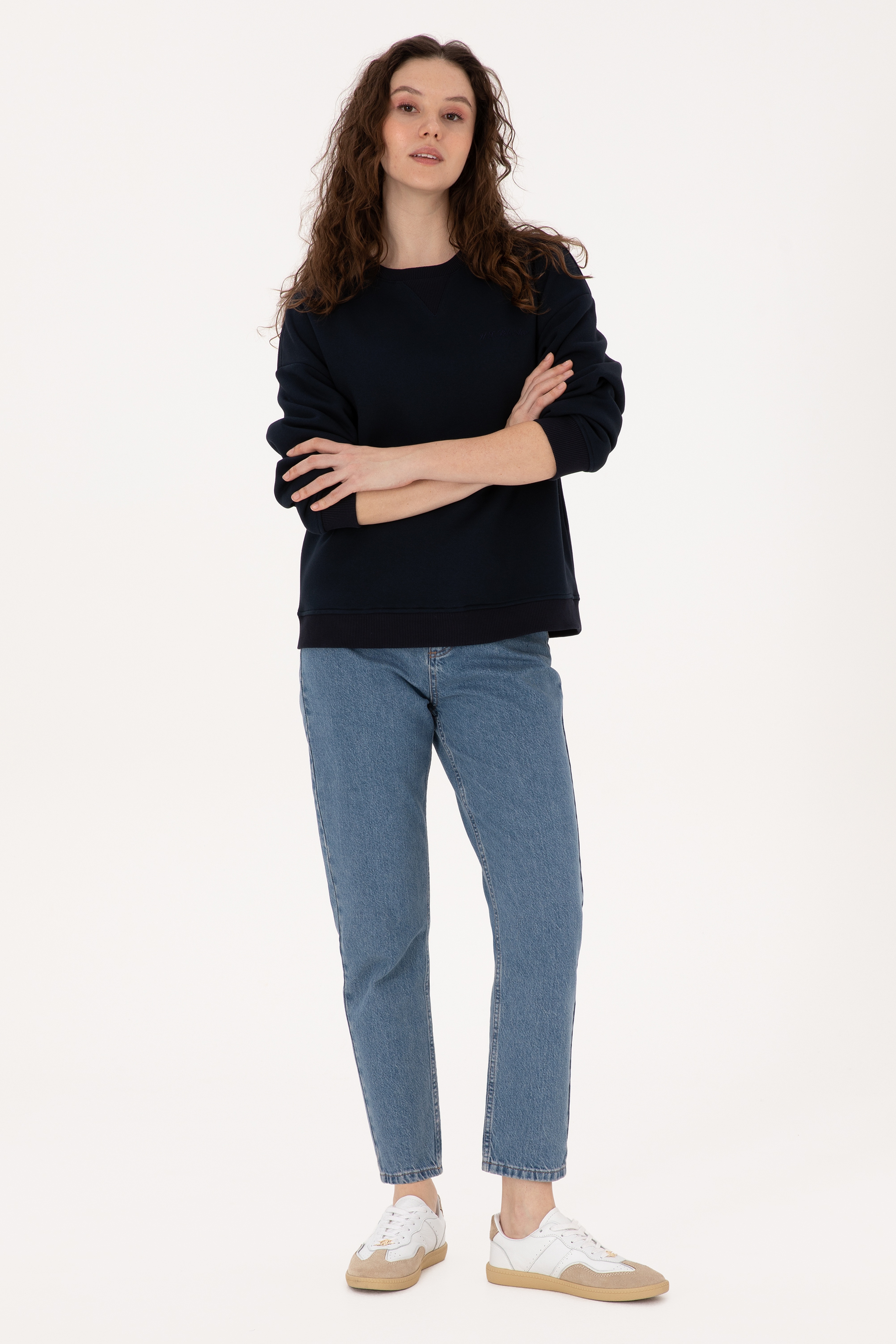 Kadın Lacivert Bisiklet Yaka Sweatshirt - Image 4
