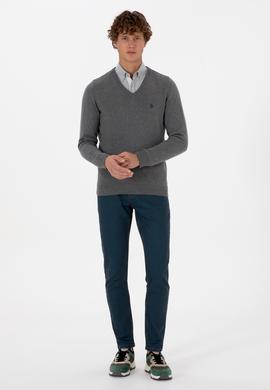 Erkek Slim Fit V Yaka Gri Melanj Basic Triko Kazak - 50313662032