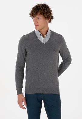 Erkek Slim Fit V Yaka Gri Melanj Basic Triko Kazak - 50313662032