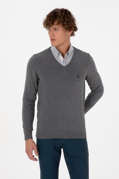 Erkek Slim Fit V Yaka Gri Melanj Basic Triko Kazak