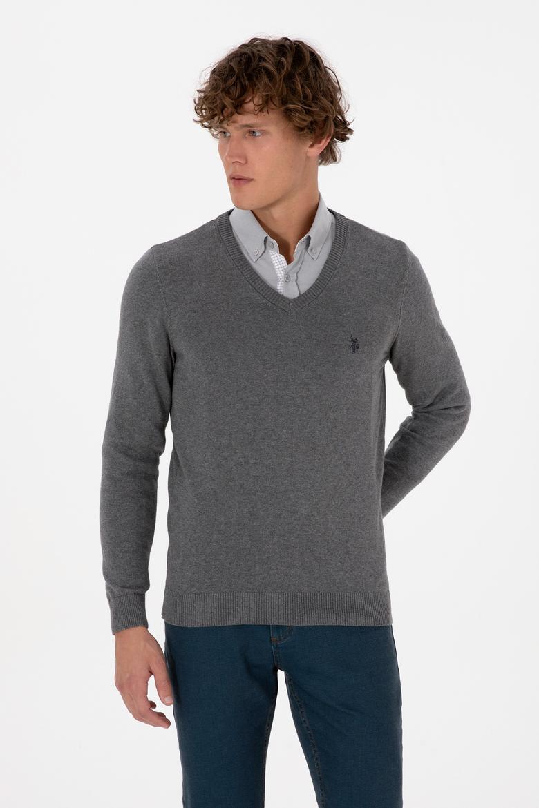 Erkek Slim Fit V Yaka Gri Melanj Basic Triko Kazak - 50313662032