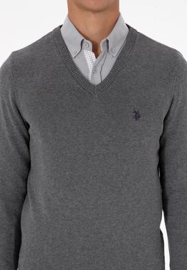 Erkek Slim Fit V Yaka Gri Melanj Basic Triko Kazak - 50313662032