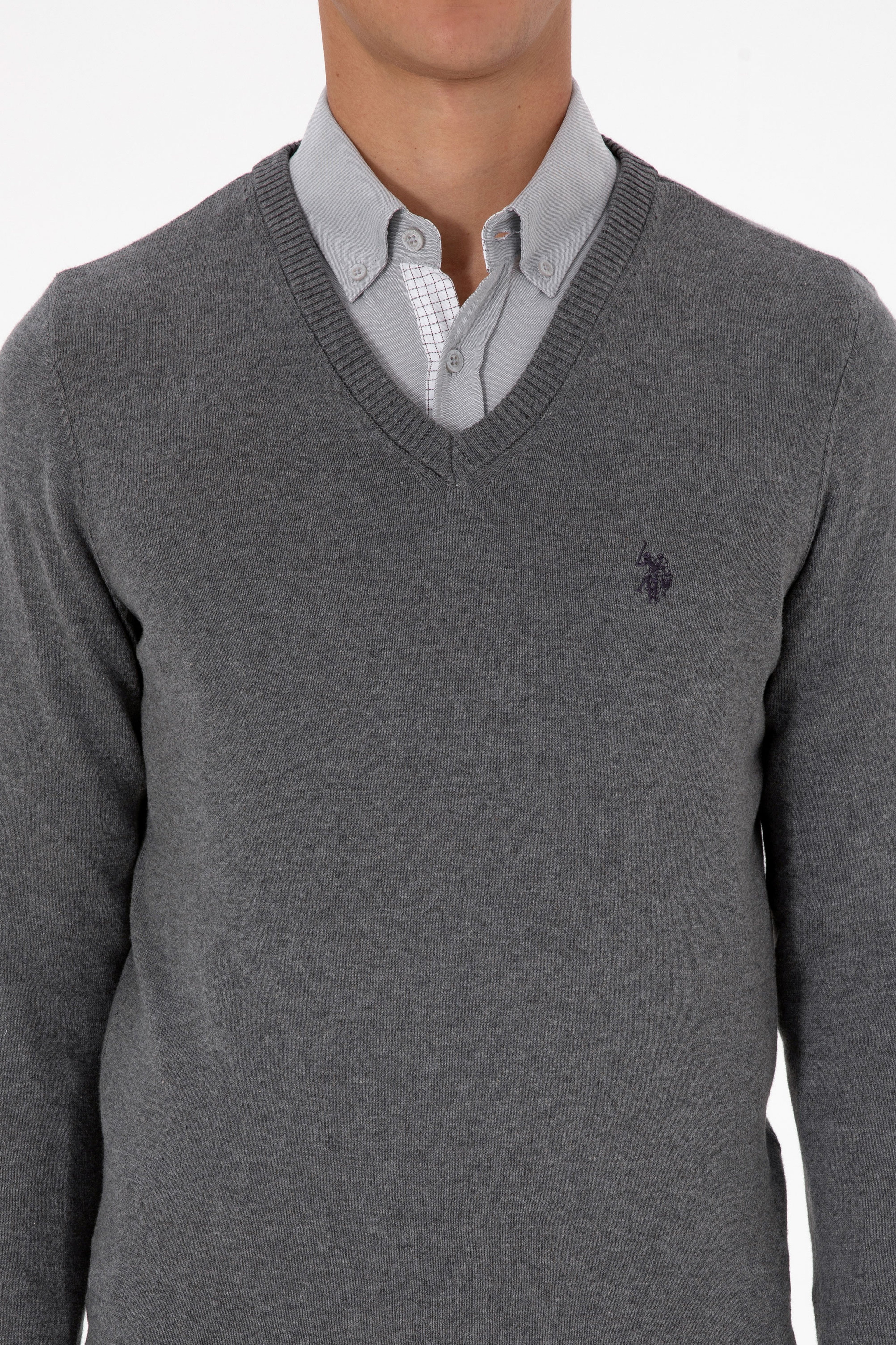 Erkek Slim Fit V Yaka Gri Melanj Basic Triko Kazak - Image 6