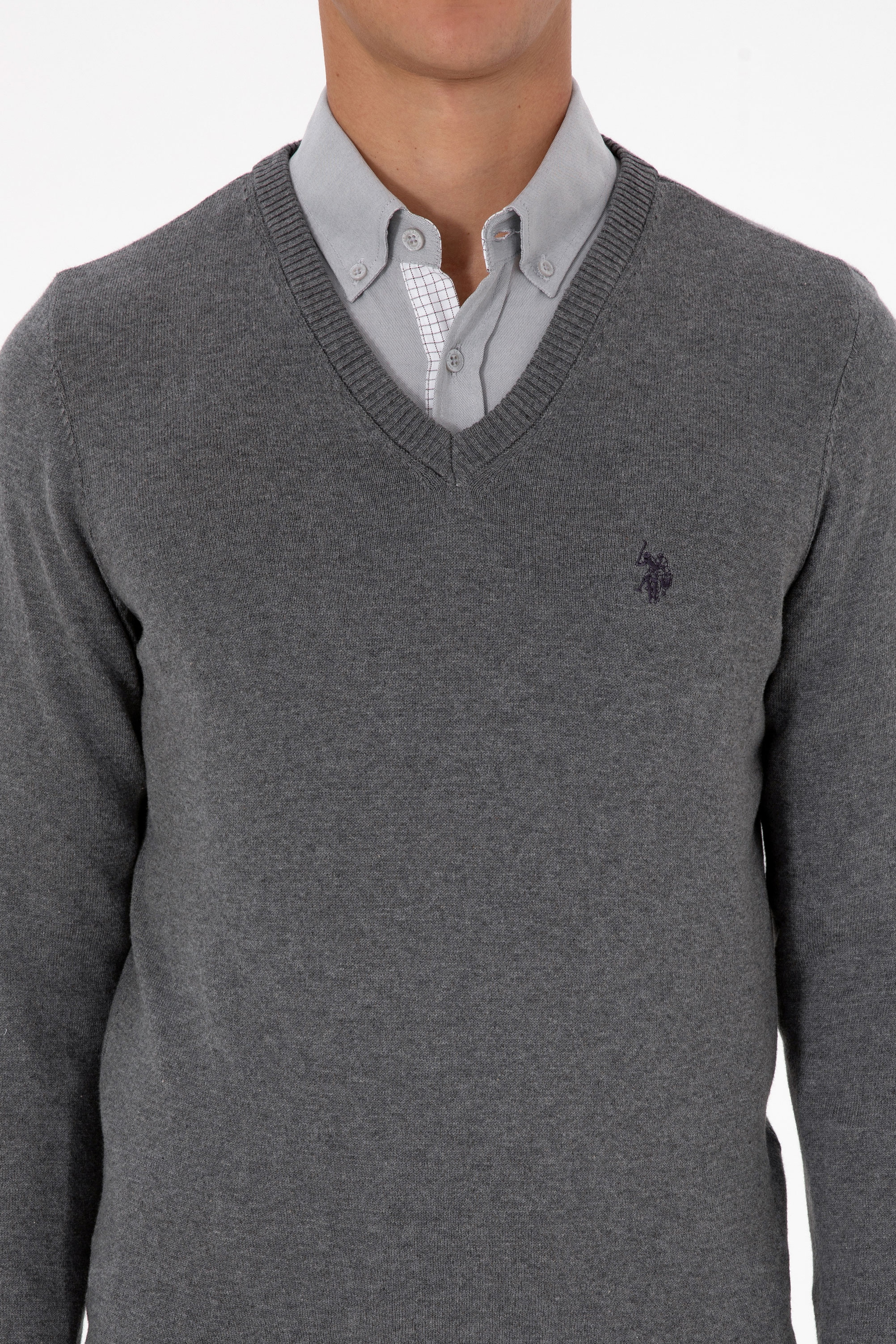 Erkek Slim Fit V Yaka Gri Melanj Basic Triko Kazak