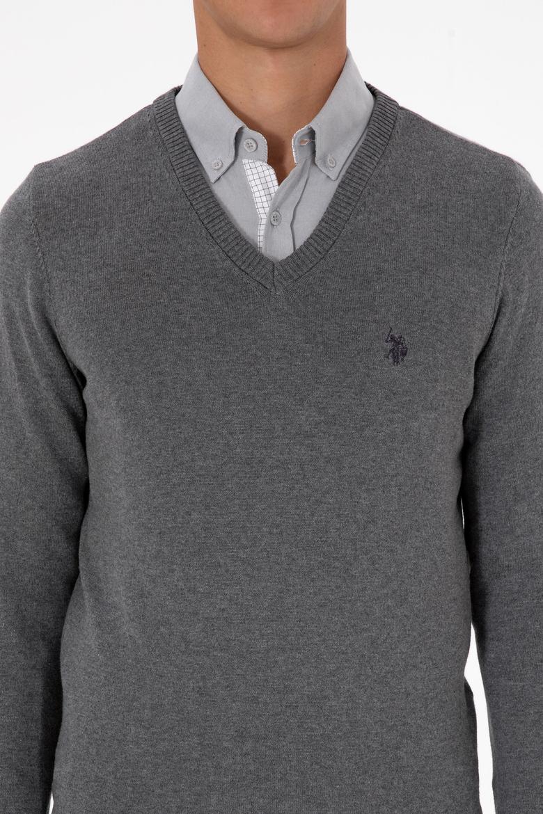 Erkek Slim Fit V Yaka Gri Melanj Basic Triko Kazak - 50313662032