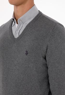 Erkek Slim Fit V Yaka Gri Melanj Basic Triko Kazak - 50313662032