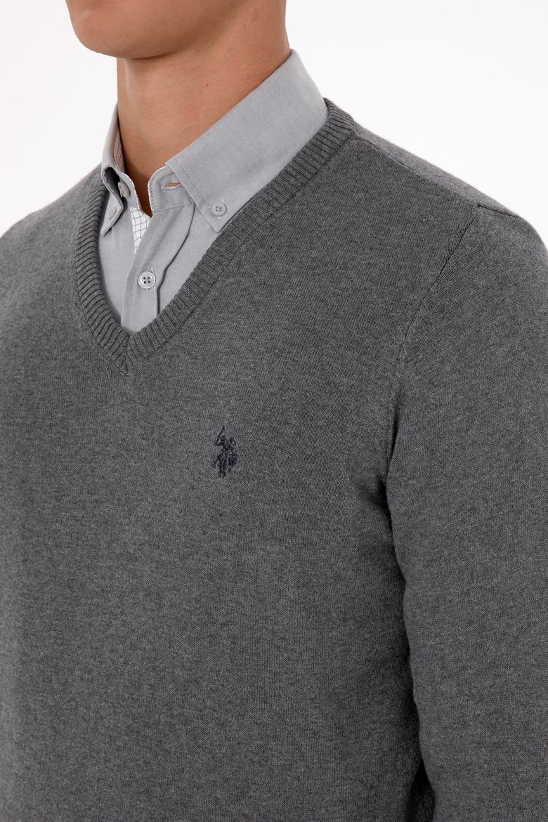 Erkek Slim Fit V Yaka Gri Melanj Basic Triko Kazak - 50313662032