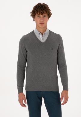 Erkek Slim Fit V Yaka Gri Melanj Basic Triko Kazak - 50313662032