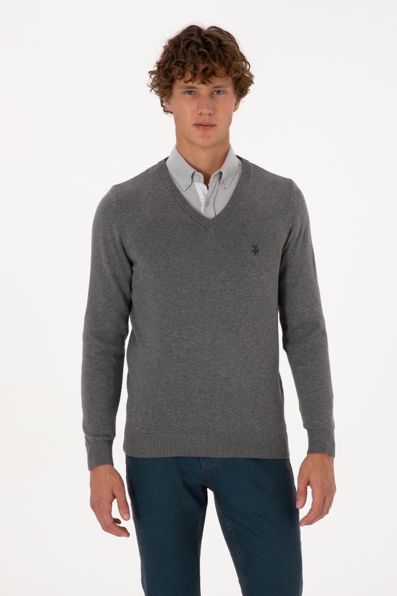 Erkek Slim Fit V Yaka Gri Melanj Basic Triko Kazak