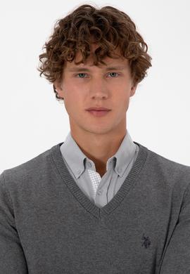 Erkek Slim Fit V Yaka Gri Melanj Basic Triko Kazak - 50313662032