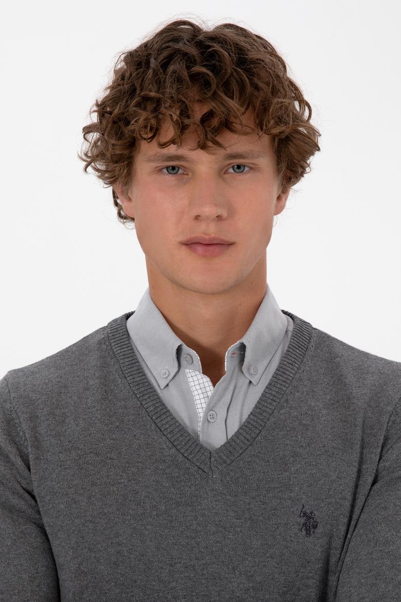 Erkek Slim Fit V Yaka Gri Melanj Basic Triko Kazak - 50313662032