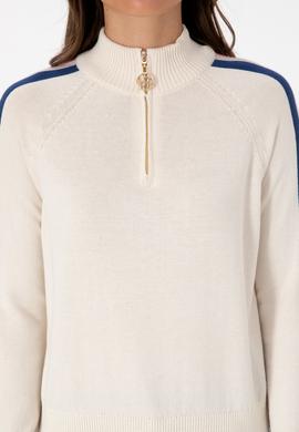 Kadın Krem V Yaka Fermuarlı Kazak - 50314691012