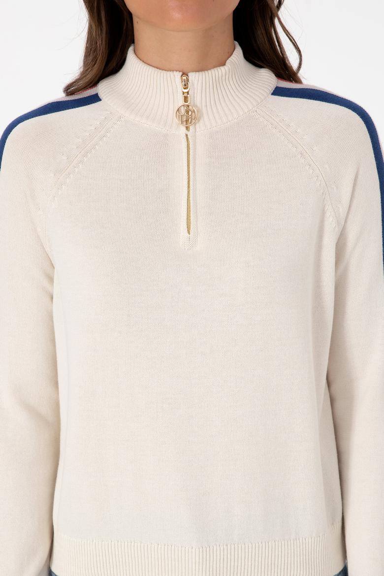 Kadın Krem V Yaka Fermuarlı Kazak - 50314691012