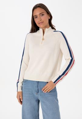 Kadın Krem V Yaka Fermuarlı Kazak - 50314691012