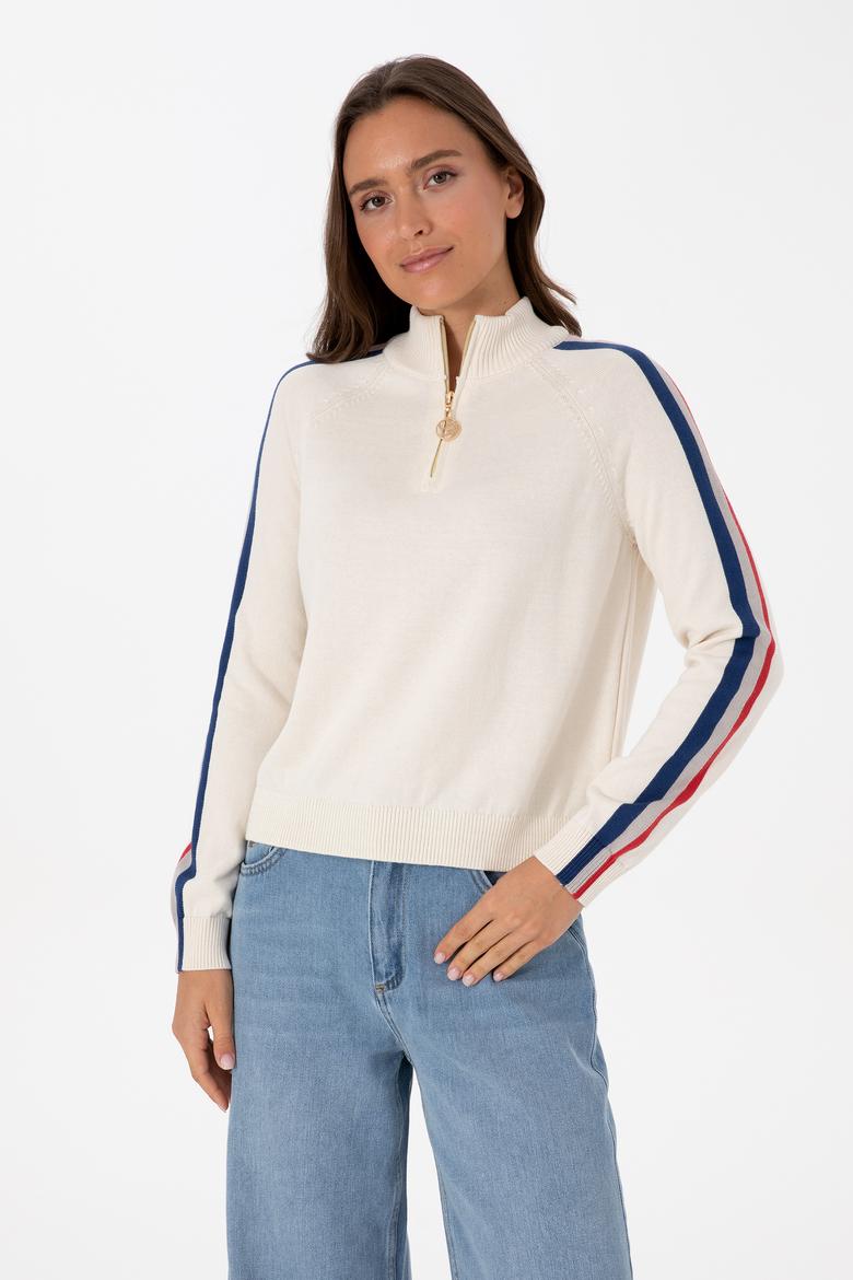 Kadın Krem V Yaka Fermuarlı Kazak - 50314691012